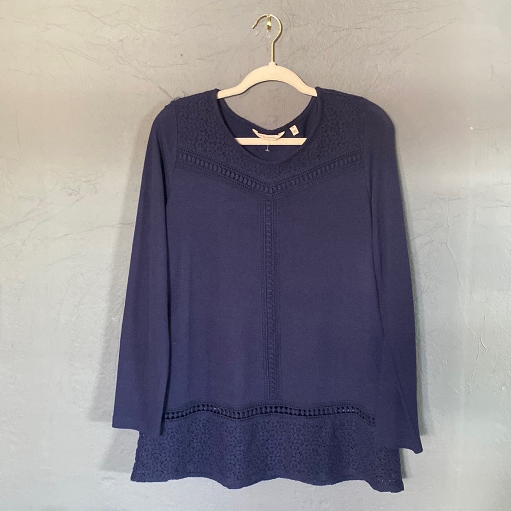 Soft Surrounding Navy Blue Lace Crochet Long Sleeve Shirt Top